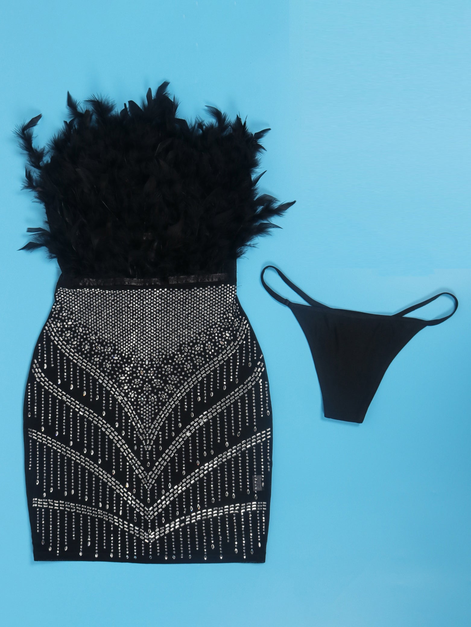 Feather Rhinestone Strapless Mini Dress