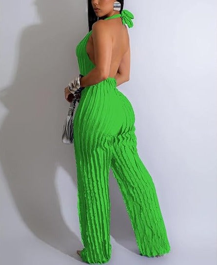 V Neck Pleated Halter Wide Leg Jumpsuit