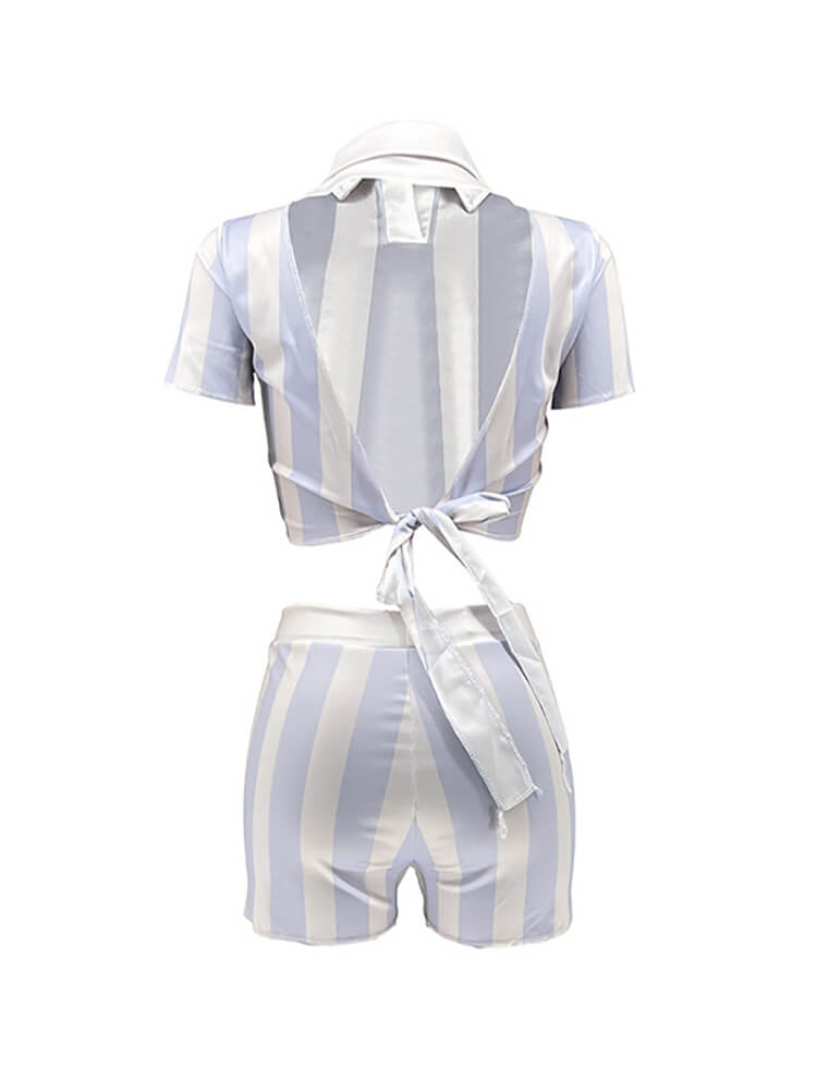 Two Piece Short Sleeve Striped Crop Top Shorts