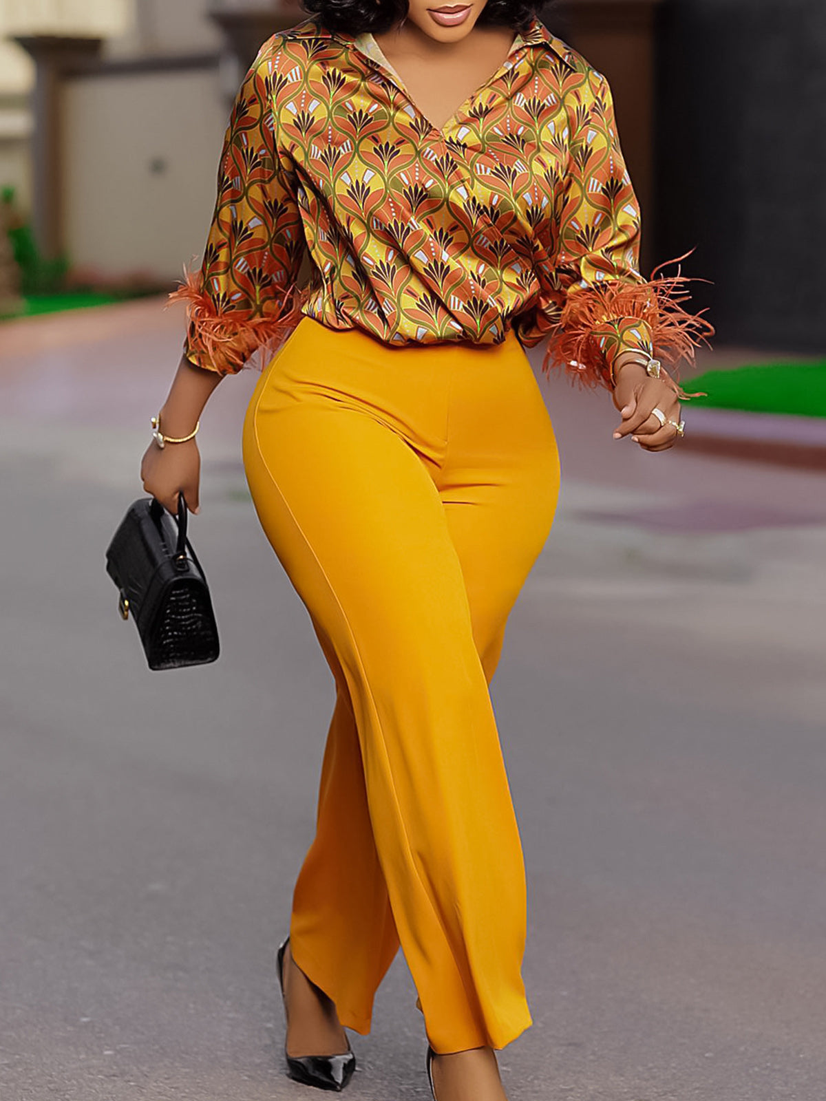 Printed Long Sleeve Shirt & Wide-Leg Pants