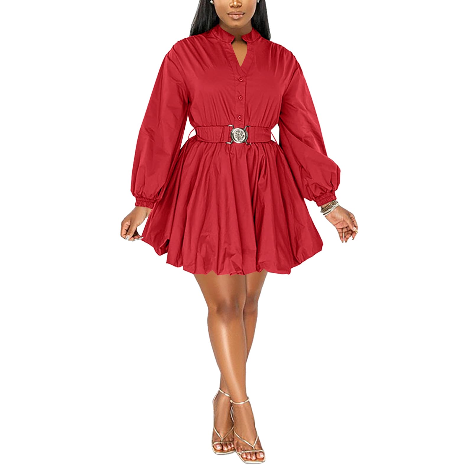 Puffy Long Sleeve Button Down Shirt Dress