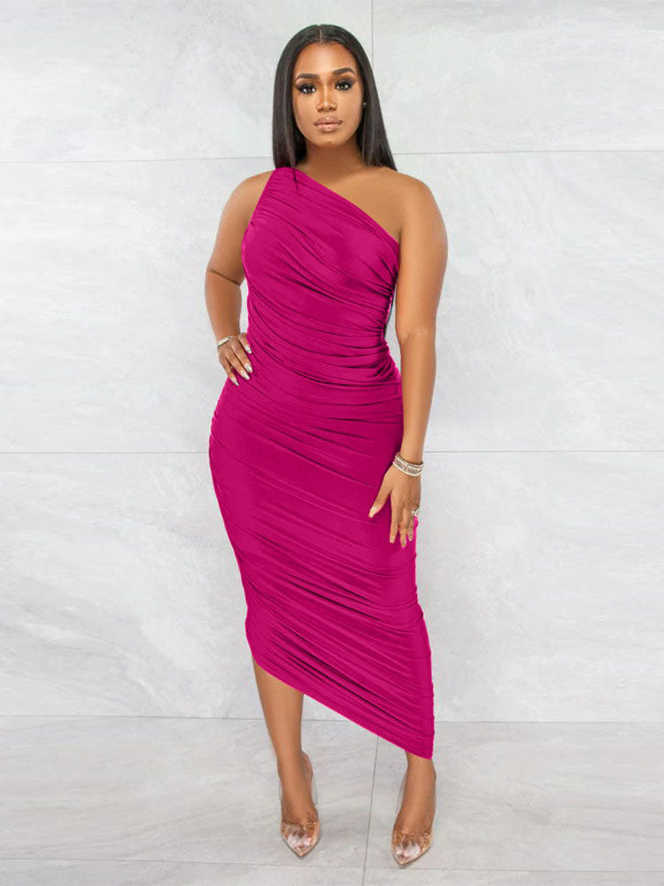One Shoulder Sleeveless Backless Ruched Maxi Dress
