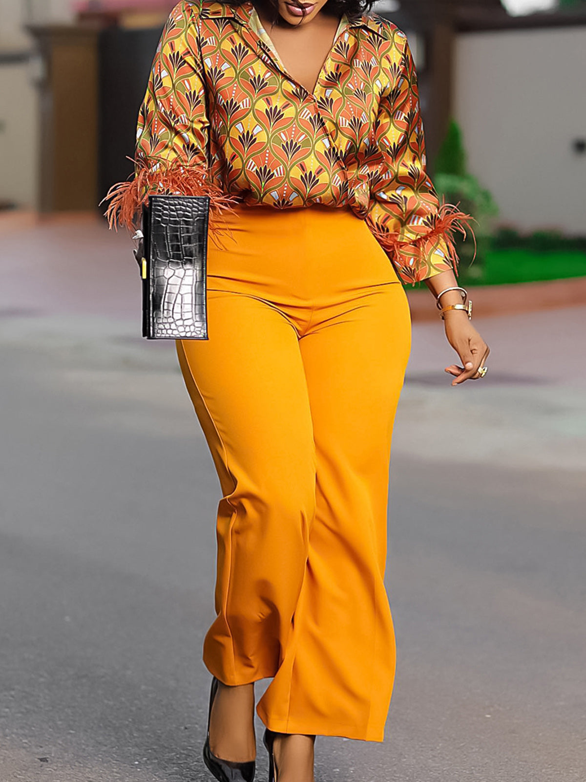 Printed Long Sleeve Shirt & Wide-Leg Pants