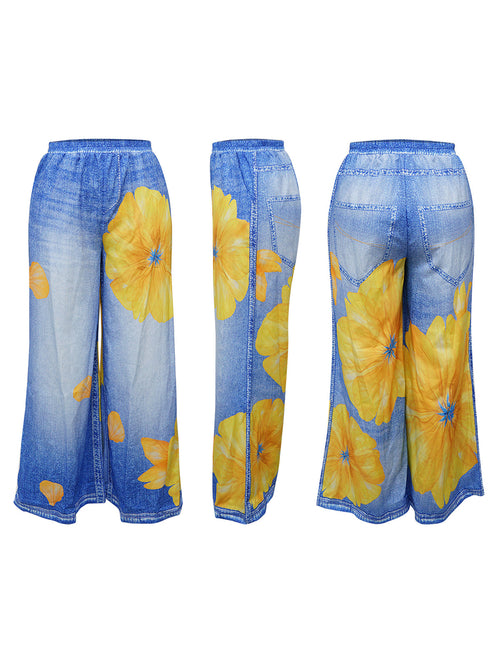 Jeans mit weitem Bein und Blumen-Schmetterlingsmuster