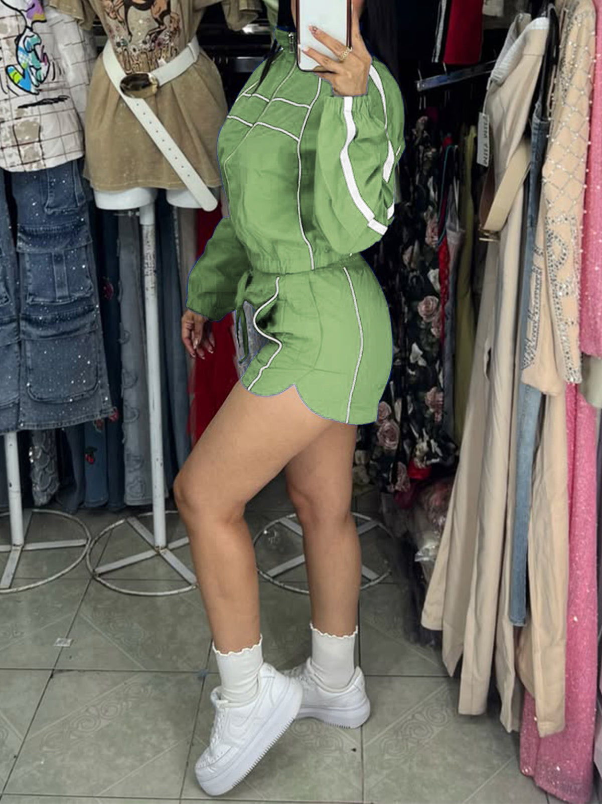 Zipper Colorblock Long Sleeve Shorts Set