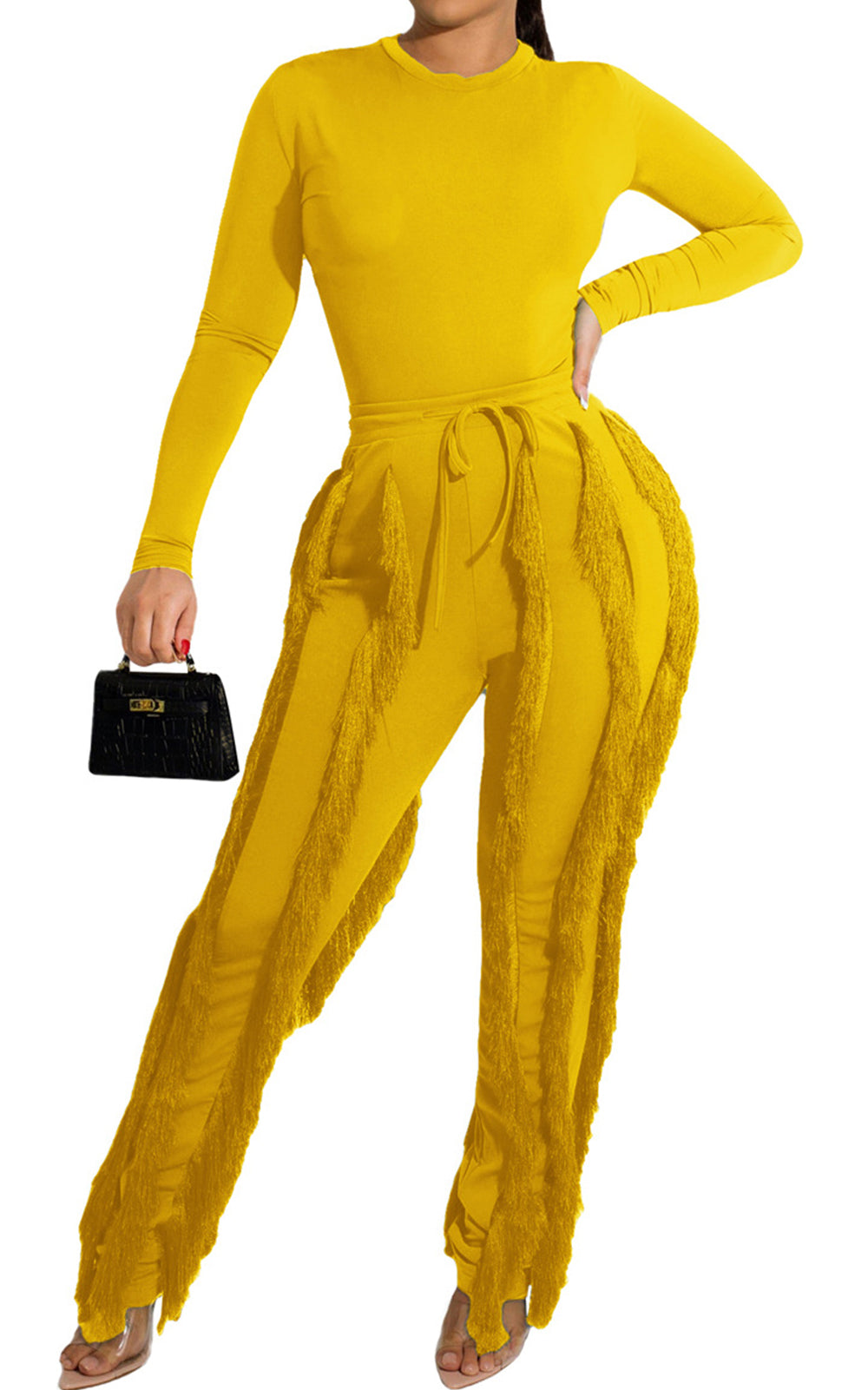 Two Piece Long Sleeve Top Tassel Pants