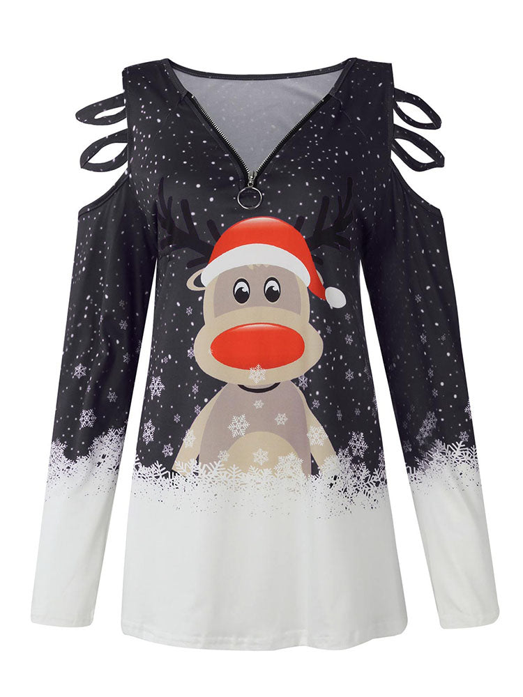 Christmas Plus Size Long Sleeves Elk Print Top