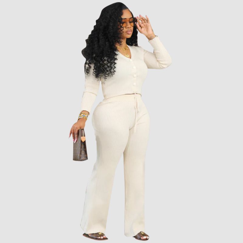 V-neck Crop Top Drawstring Knit Pant set
