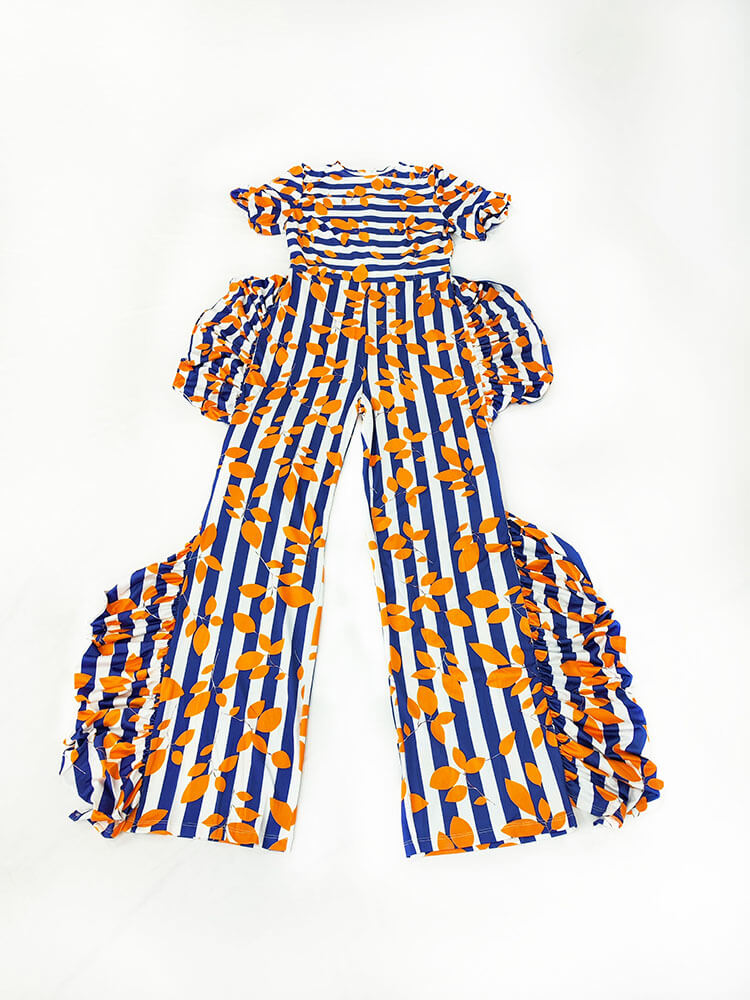Short Sleeve Striped Print Ruffle Jumpsuit