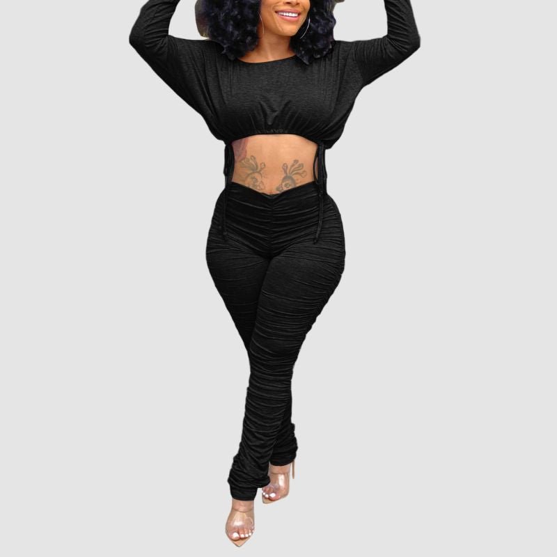 Drawstring Crop Top Pleated Pant Set