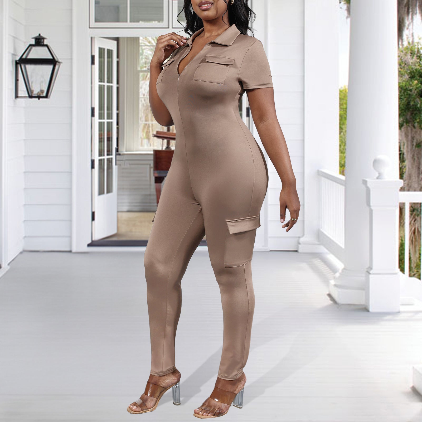 V-Neck Solid Color Bodycon Jumpsuit