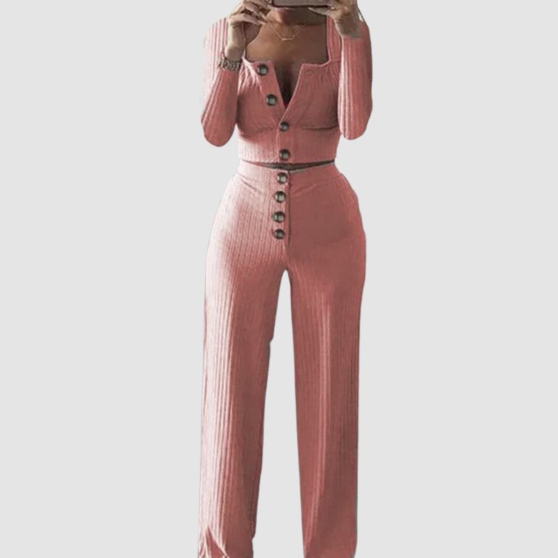 Buttoned Square Collar Top Wide Leg Pant Set