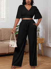 Two Piece Crop Top Drawstring Long Pants