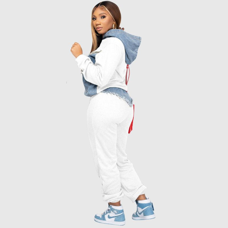 Denim Patchwork Hoodies Pant Set