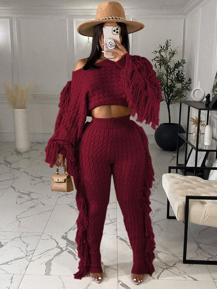 Two Piece Knitted Long Sleeve Tassel Outfits
