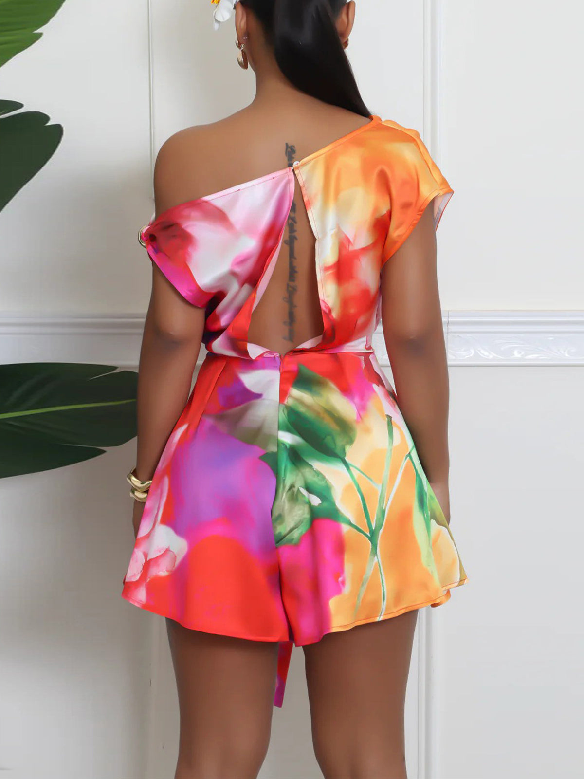 Asymmetric Tie Dye Cutout Romper