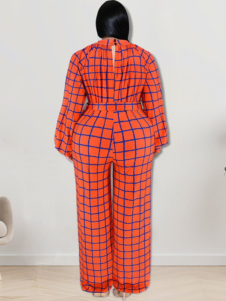 Long Sleeve Plaid Print Wide Leg Jumpsuit