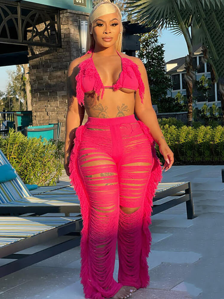 Two Piece Halter Tassel Top Bodycon Pants