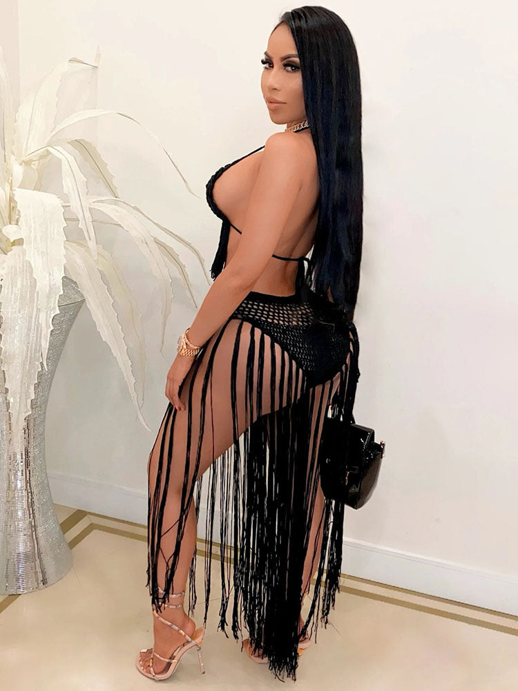 Two Piece Tassels Hollow Out Swimsuit