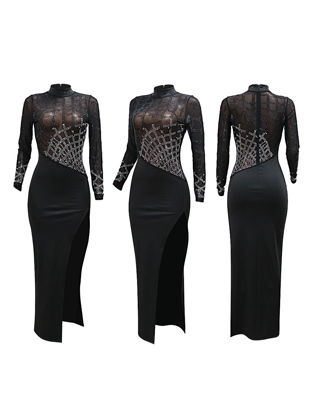Rhinestone Mesh Maxi Split Dress