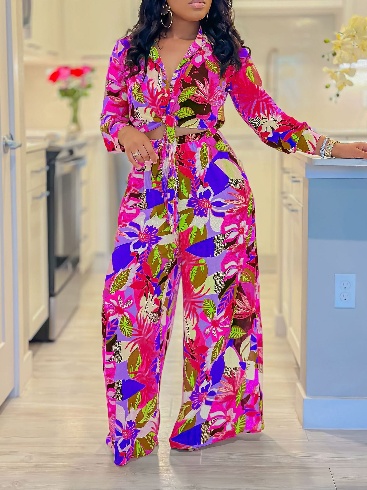 Printed Two-Piece Set with Collar Tie Shirt & Wide-Leg Pants