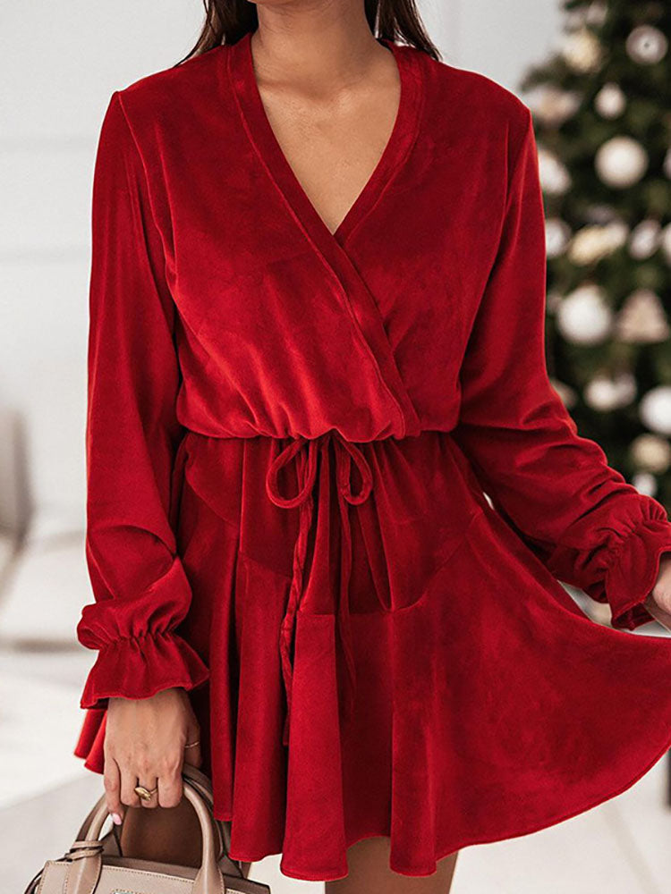 Velvet Long Sleeves Belted Ruffle Mini Dress