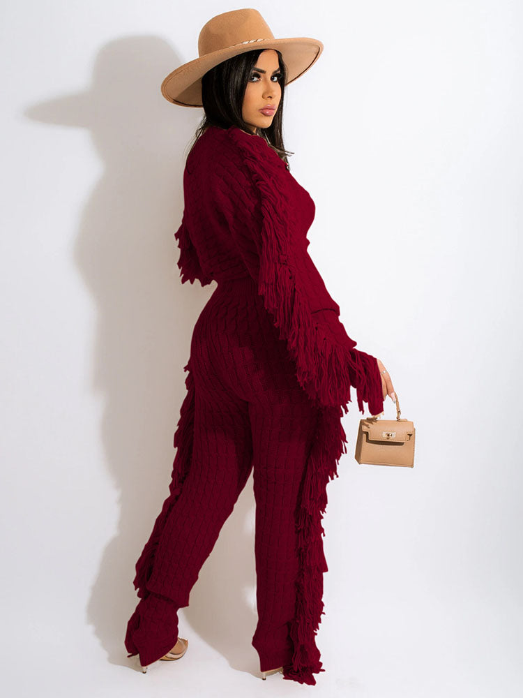 Two Piece Knitted Long Sleeve Tassel Outfits