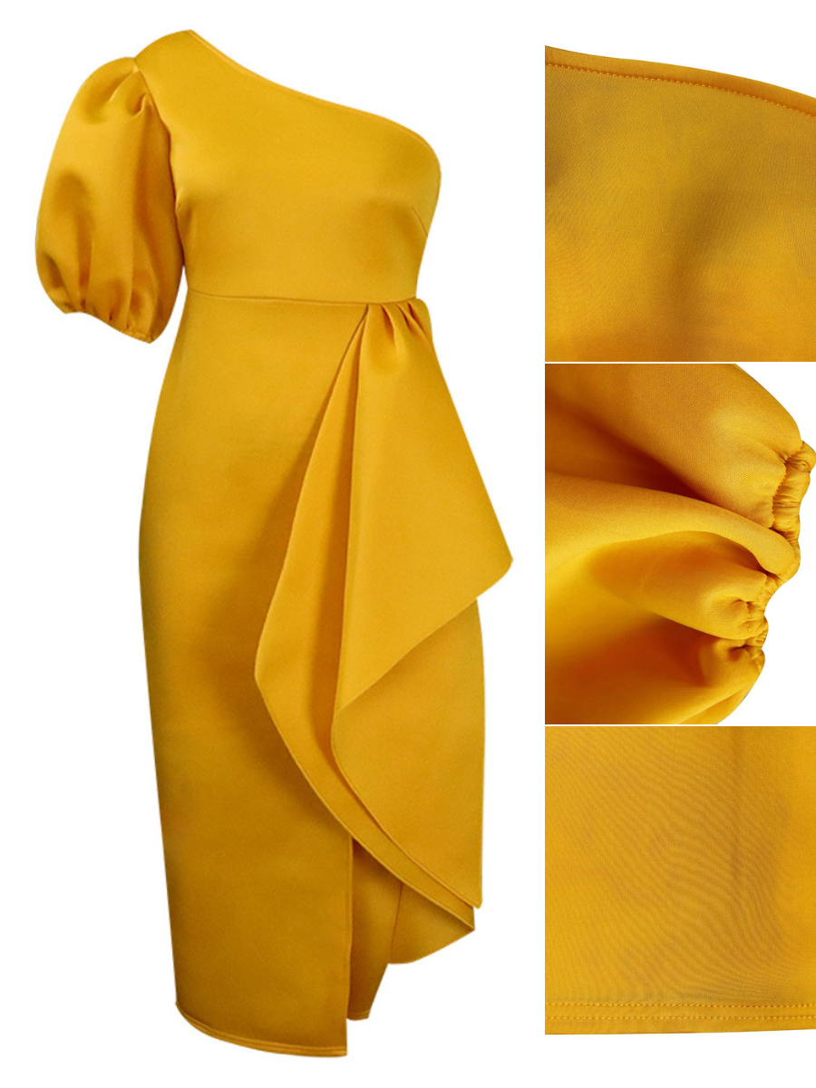 One Shoulder Puff Sleeve Ruffle Slit Dress