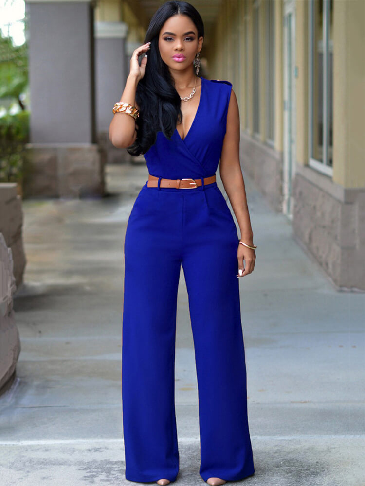 Sleevelesss V Neck Solid Wide Leg Jumpsuit