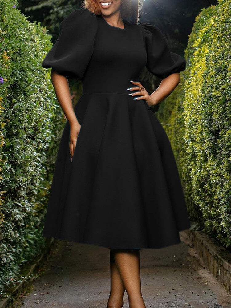 Puff Sleeve Solid Ruched Bodycon Midi Dress