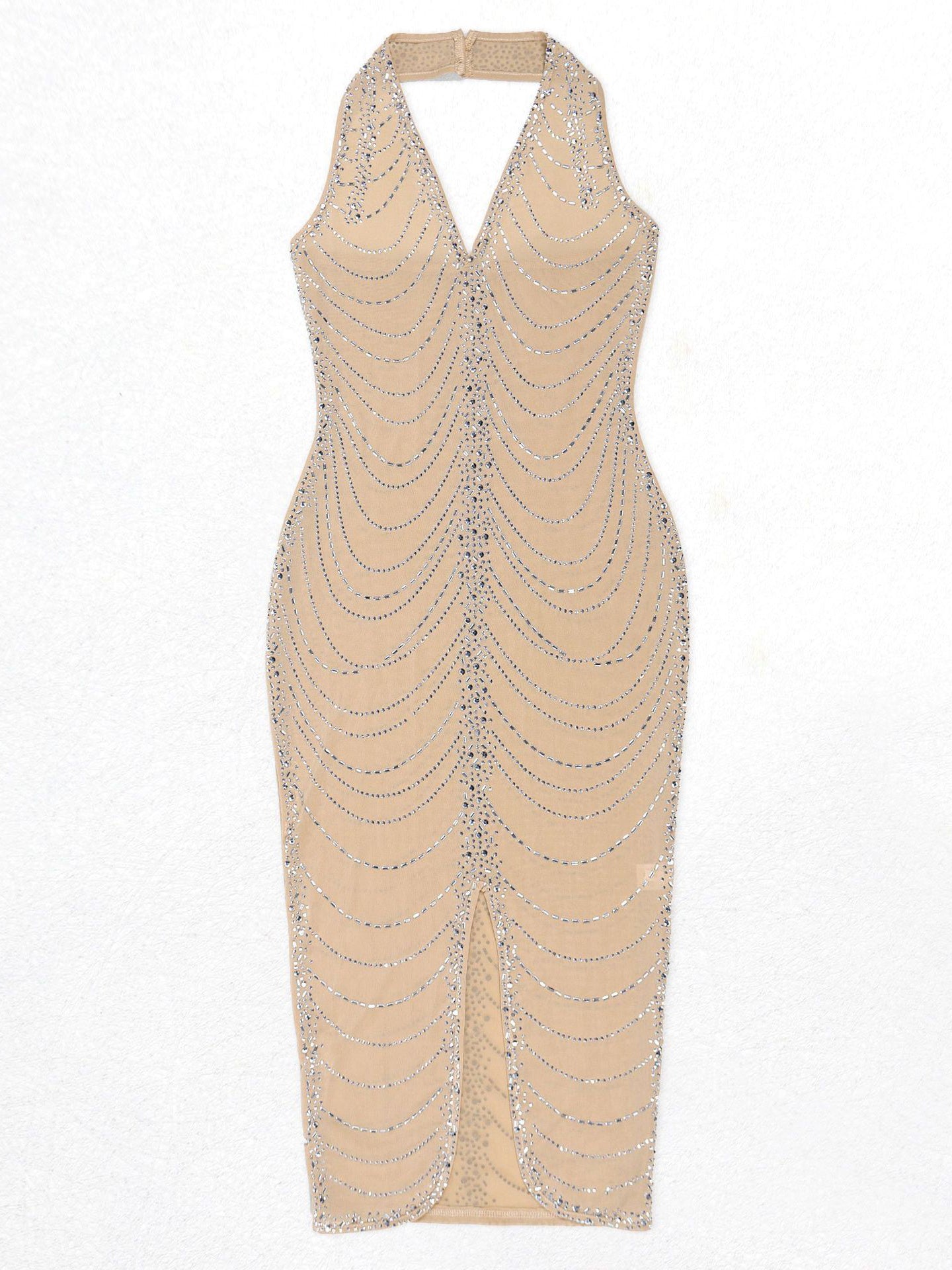 Rhinestone Halter Neck Mesh Dress