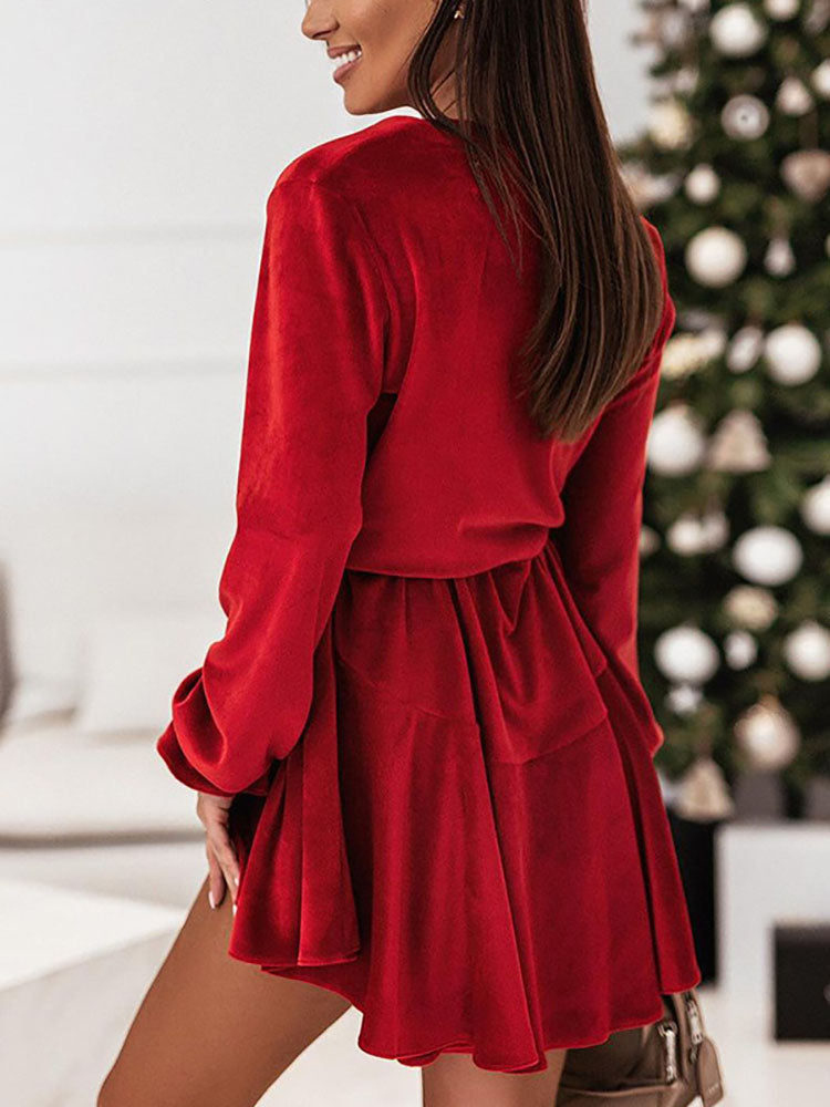 Velvet Long Sleeves Belted Ruffle Mini Dress