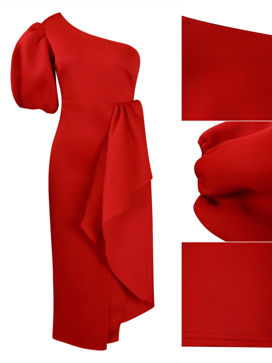 One Shoulder Puff Sleeve Ruffle Slit Dress