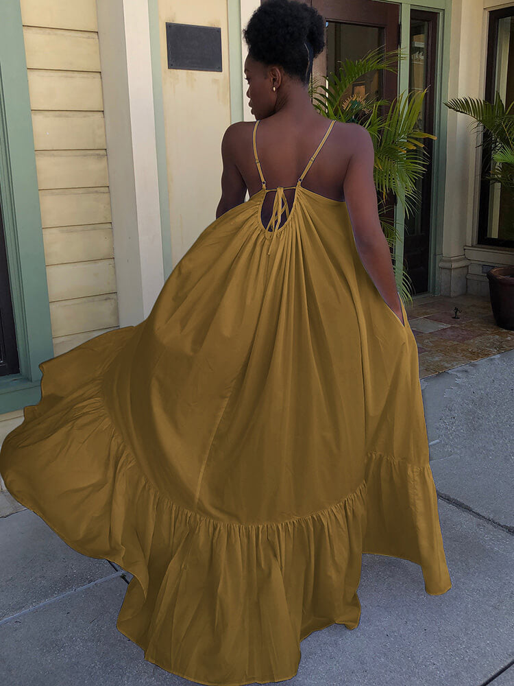 Plus Size Spaghetti Strap Ruffle Beach Maxi Swing Dress