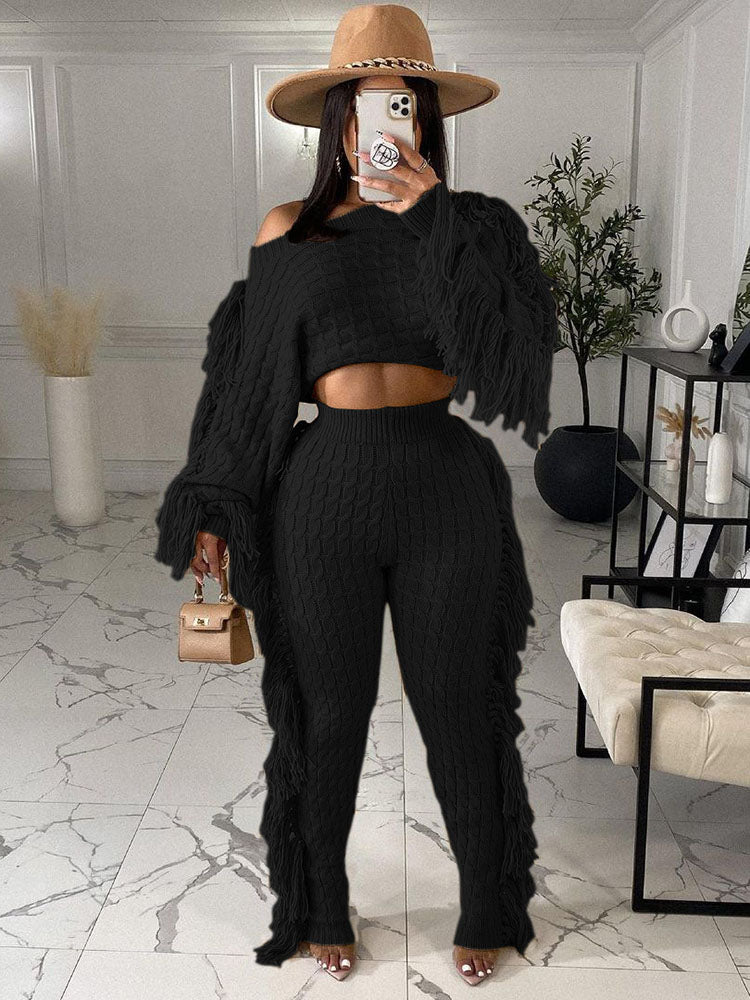 Two Piece Knitted Long Sleeve Tassel Outfits