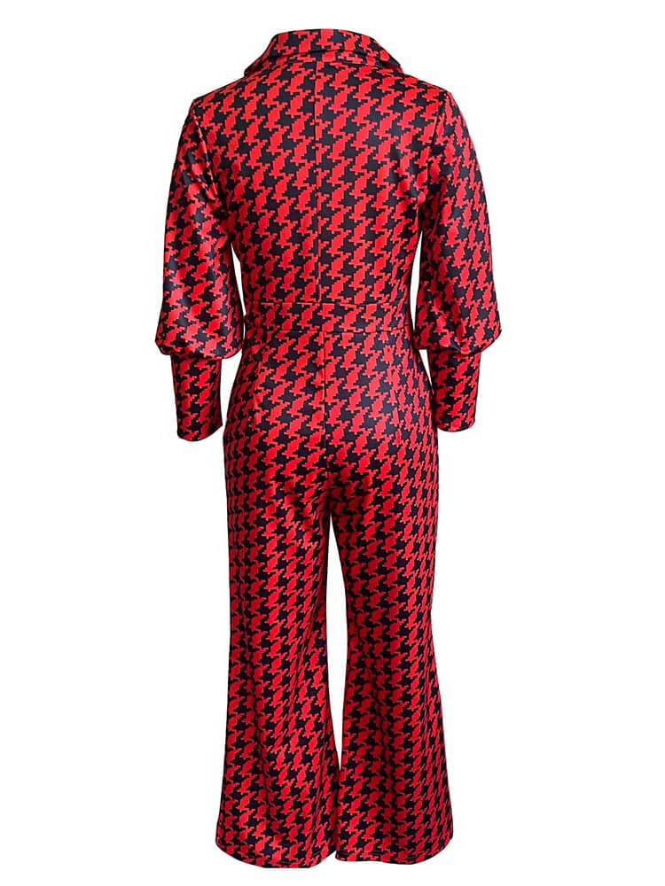 Long Sleeve Houndstooth Wide Leg Jumpsuit