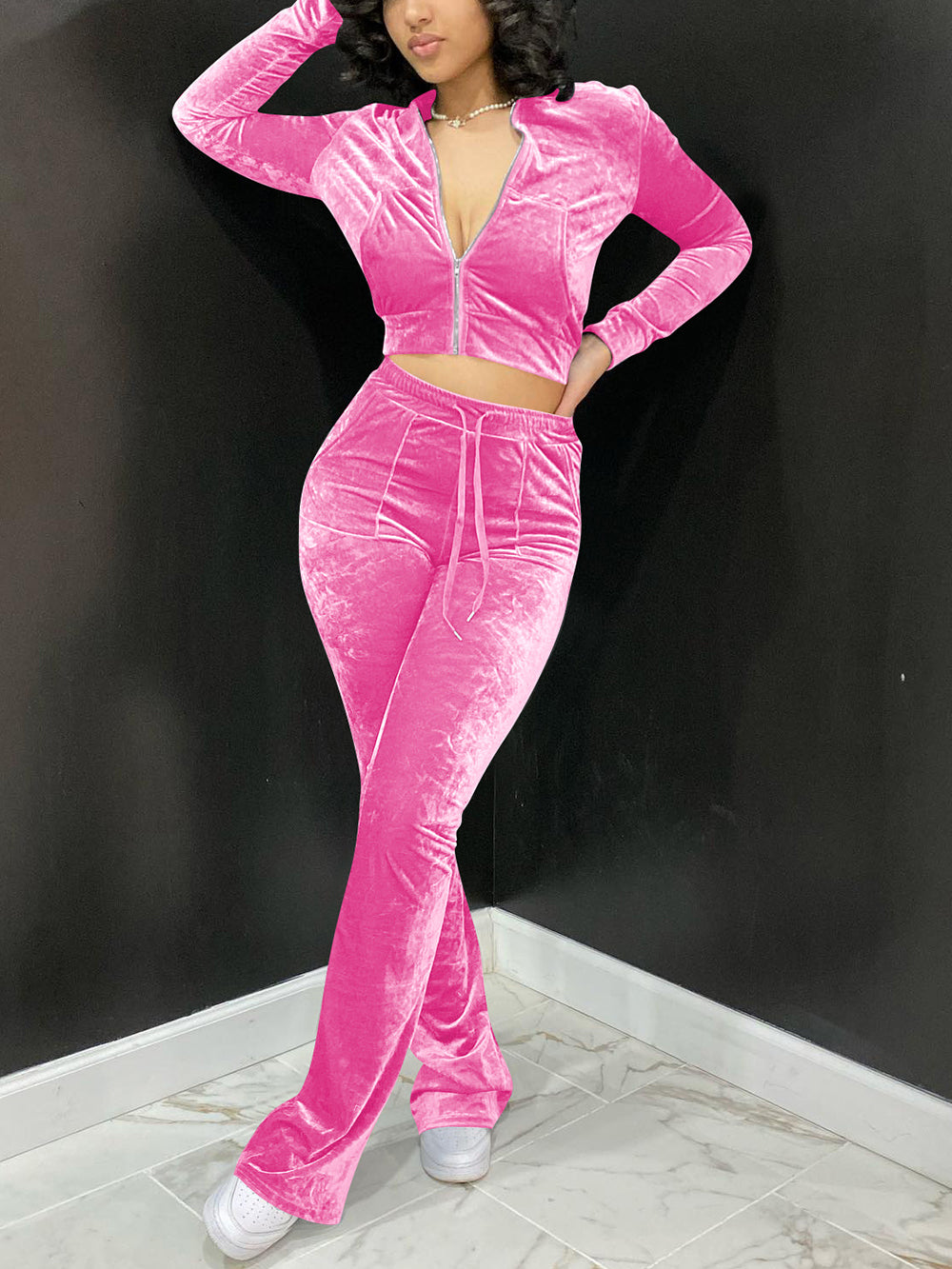 Velour Two Pieces Full Zipper Hooded Tracksuits with Pockets