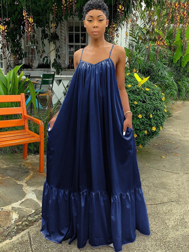 Plus Size Spaghetti Strap Ruffle Beach Maxi Swing Dress