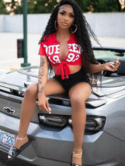 Short Sleeve Letter Print Lace Up Top