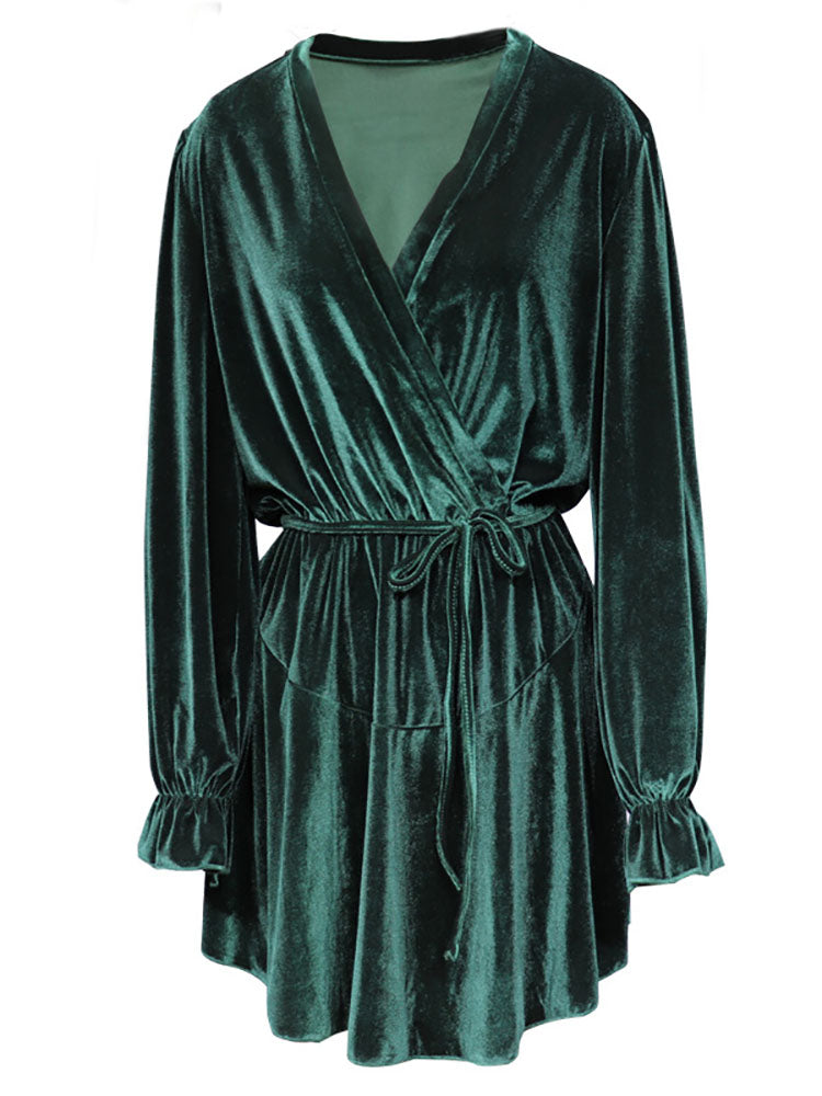 Velvet Long Sleeves Belted Ruffle Mini Dress