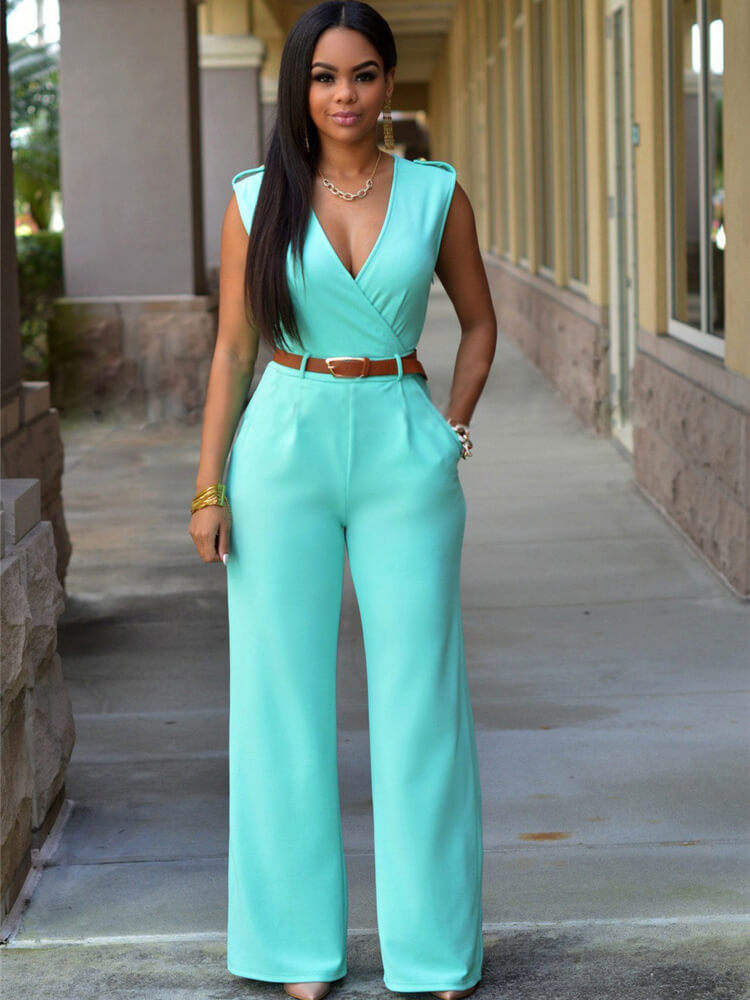 Sleevelesss V Neck Solid Wide Leg Jumpsuit