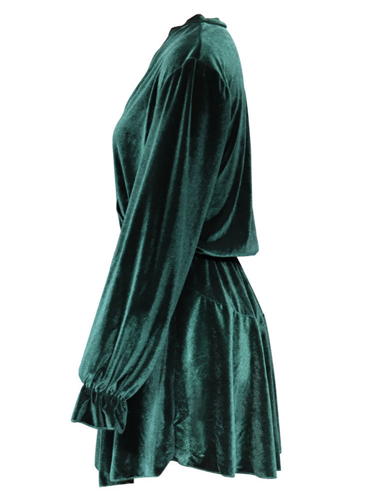 Velvet Long Sleeves Belted Ruffle Mini Dress