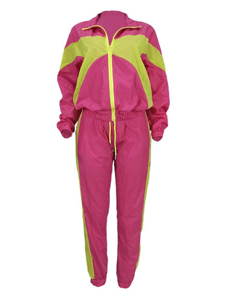 Two Piece Color Block Zip Up Top Long Pants