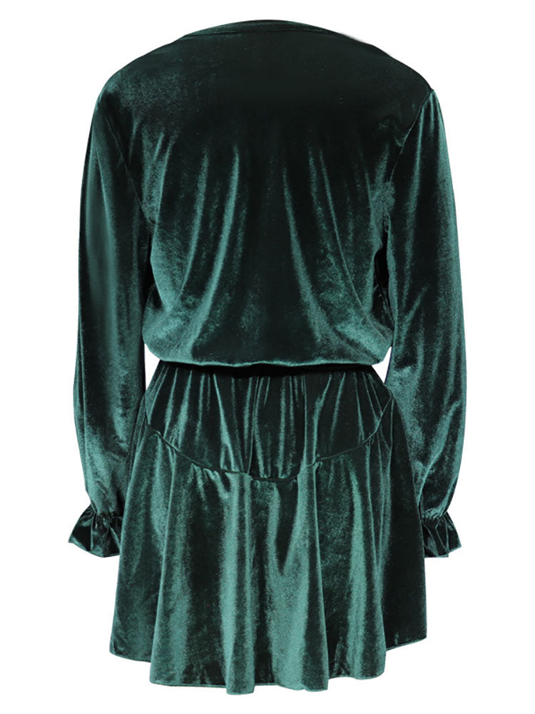 Velvet Long Sleeves Belted Ruffle Mini Dress