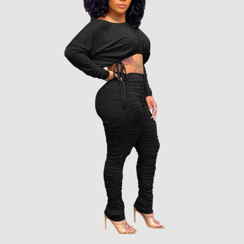 Drawstring Crop Top Pleated Pant Set