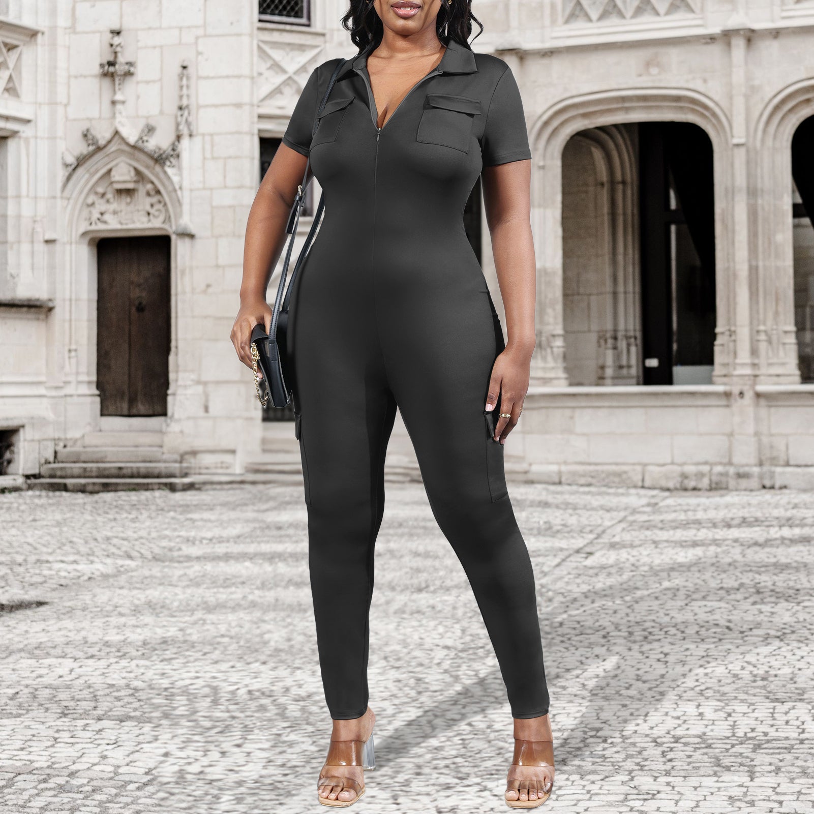 V-Neck Solid Color Bodycon Jumpsuit