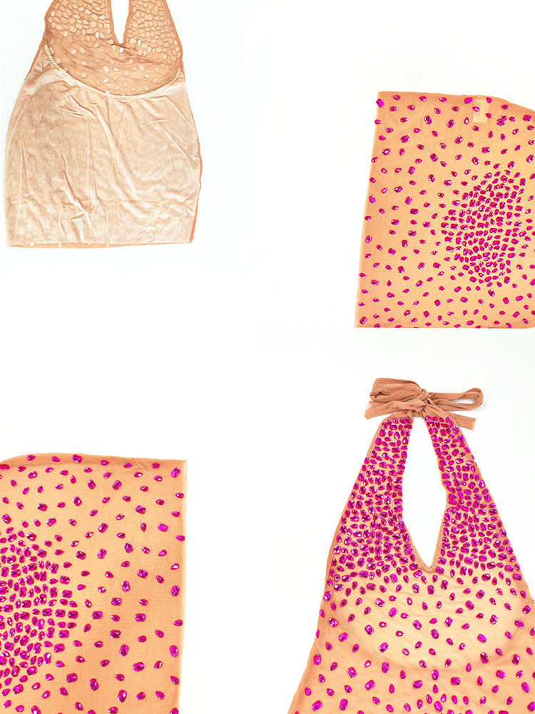 Sparkling Rhinestone Halter Open Back Mini Dress