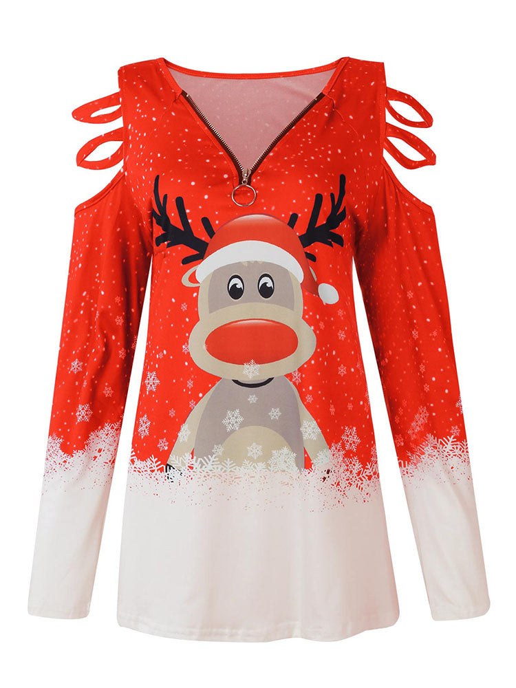 Christmas Plus Size Long Sleeves Elk Print Top