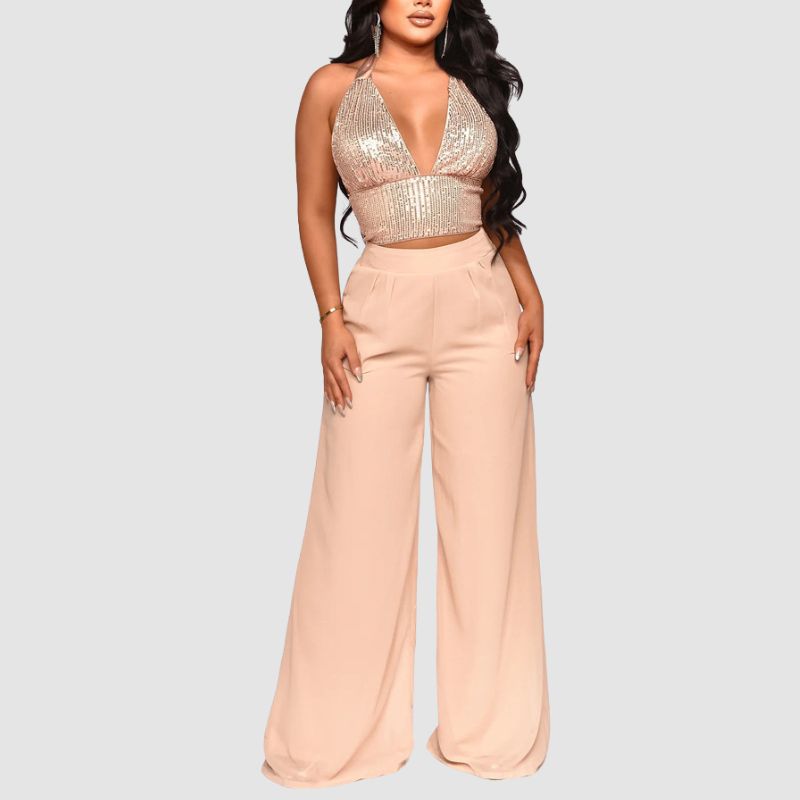 Sequined Halter Vest High Waisted Straight Pants Set