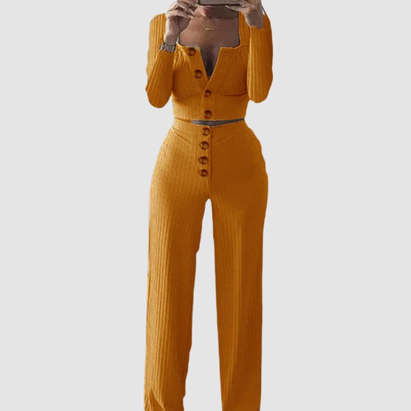 Buttoned Square Collar Top Wide Leg Pant Set